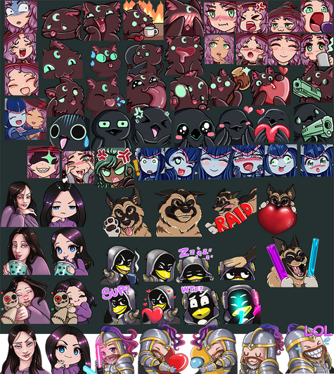 A large variety of Twitch and Discord emotes and stickers